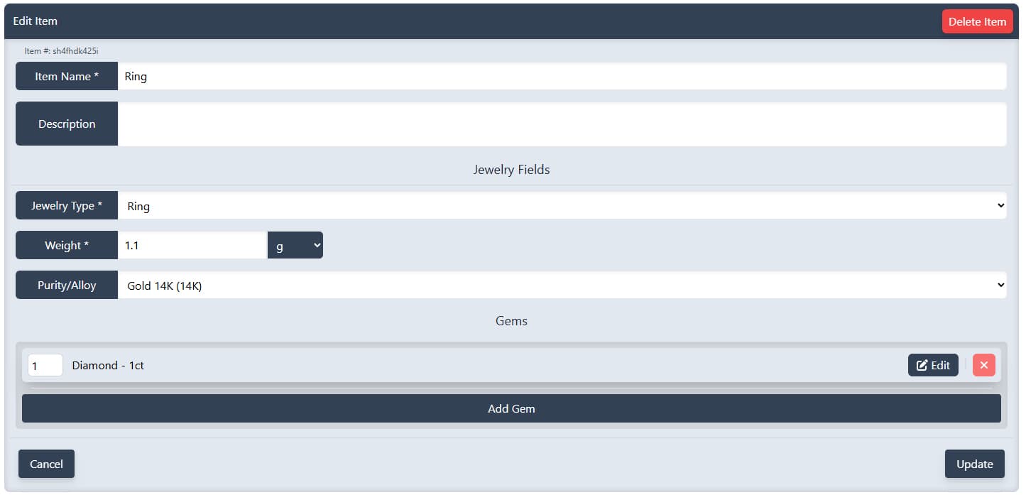 Screenshot of WITVT showing the weight input for a jewelry item.