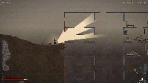 A co-op session seen from the second player, with a downed-player notice