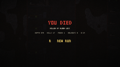 The death screen summarising a run