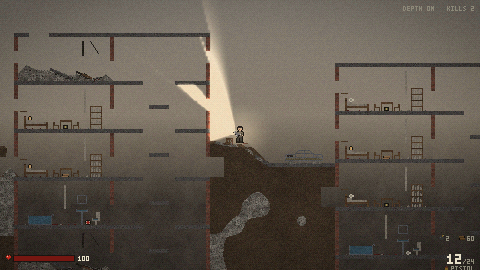 A survivor at the start of a run, flashlight cone cutting through the dust