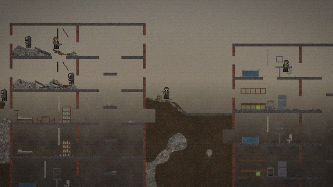 A ruined street between two apartment buildings, in a low-resolution pixel style